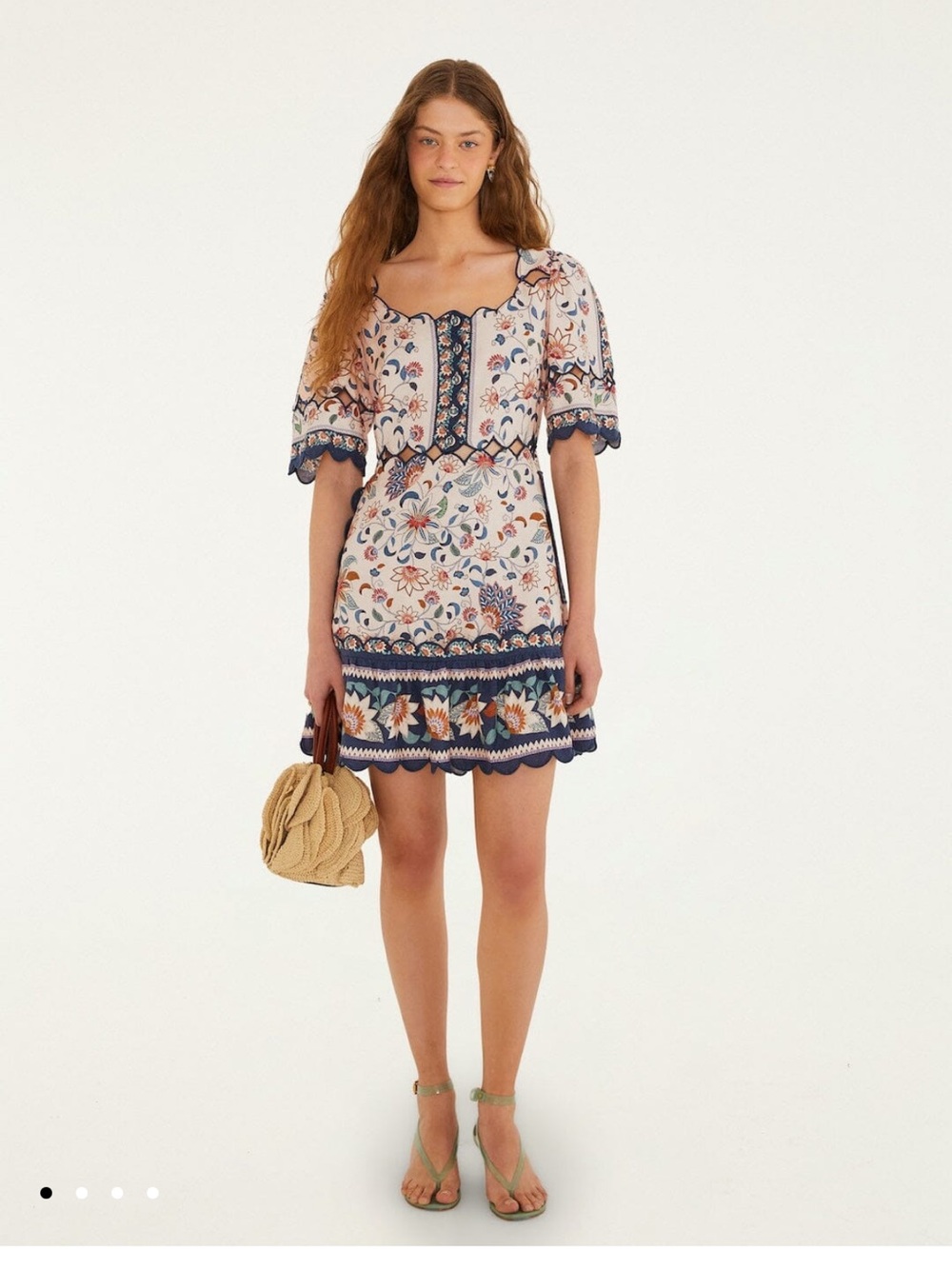 FARM Rio Cream Mini Dress with Navy Trim and Multicolor Floral Embroidery